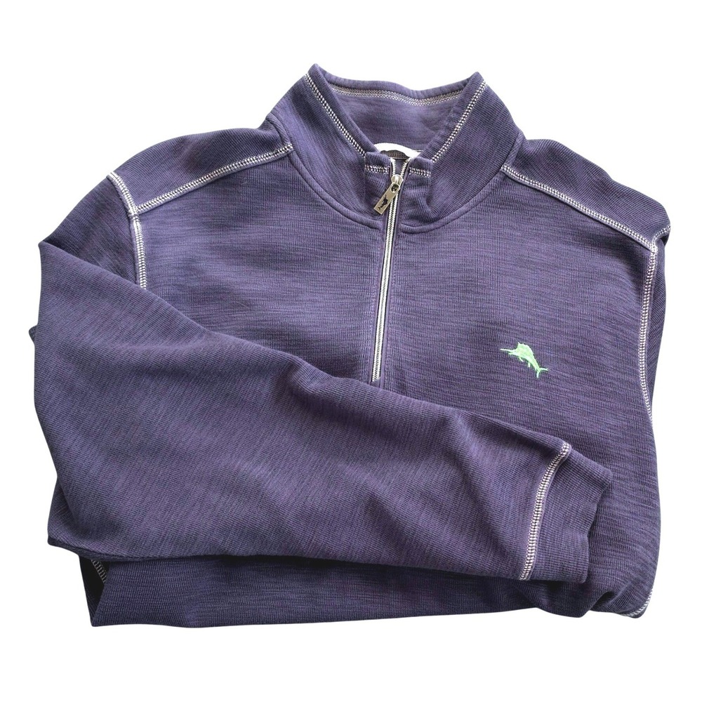 Tommy Bahama Mens XXL Navy Blue Cotton Blend 1/4 Zip Pullover Contrast Stitch